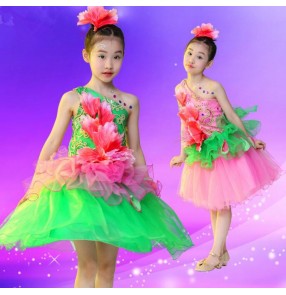 Pink fuchsia green patchwork one shoulder flowers girls children kids modern dance performance school play jazz dance outfits dresses